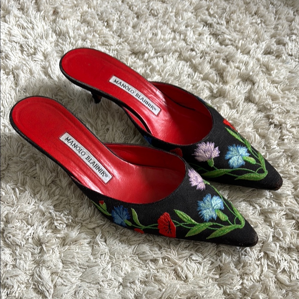 Manolo Blahnik Kitten Heel Mules with Floral Embroidery